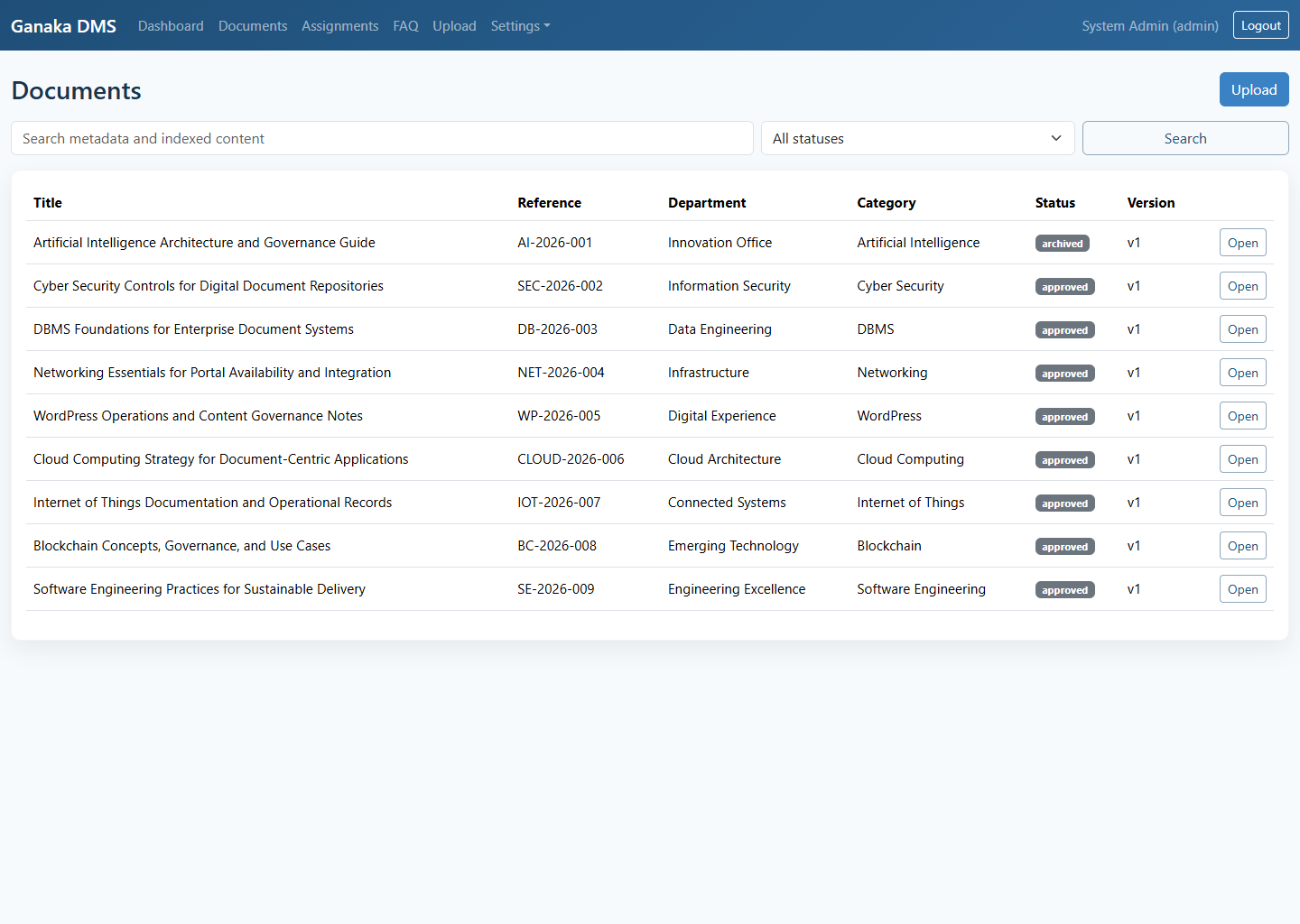 Ganaka DMS documents page screenshot
