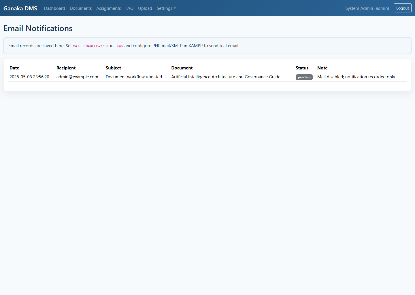 Ganaka DMS emails page screenshot