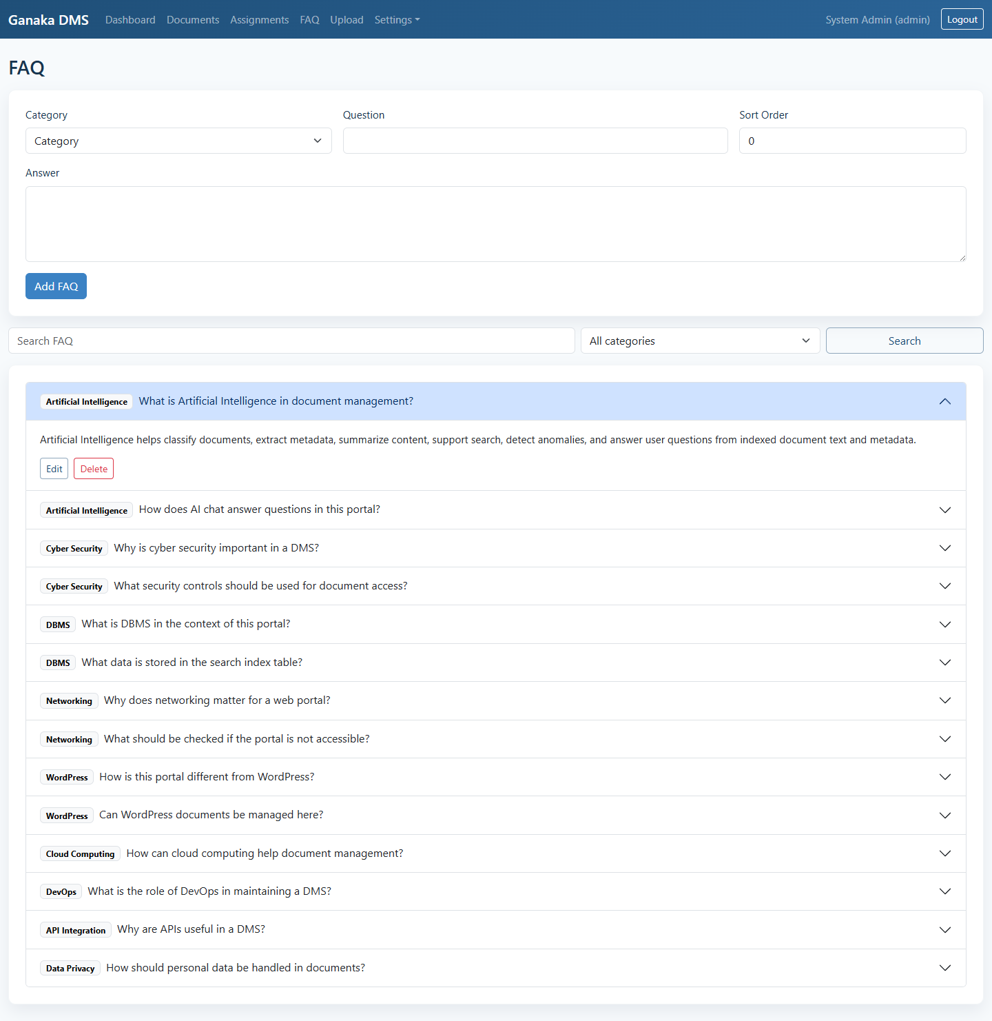 Ganaka DMS FAQ page screenshot