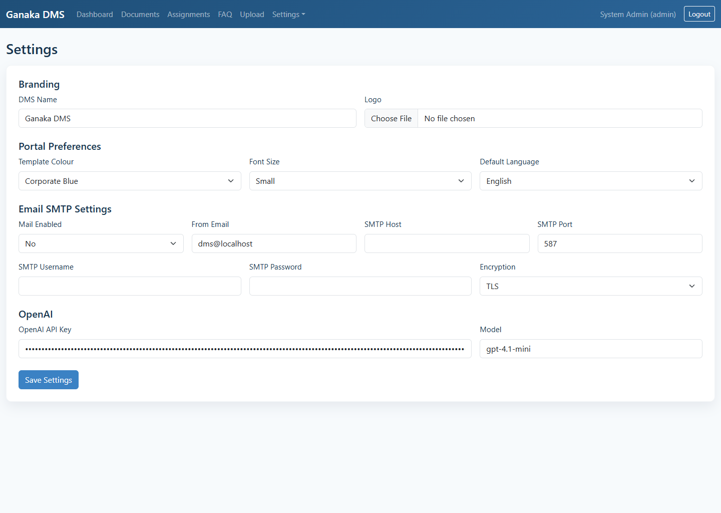 Ganaka DMS settings page screenshot