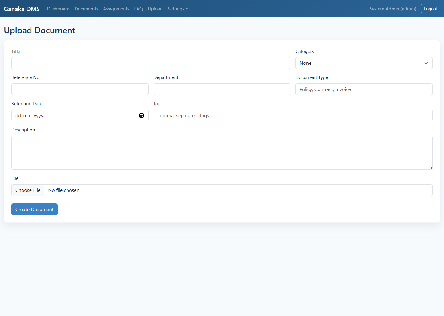 Ganaka DMS upload page screenshot