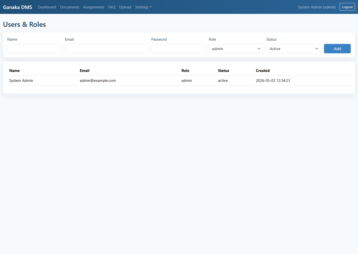 Ganaka DMS users page screenshot